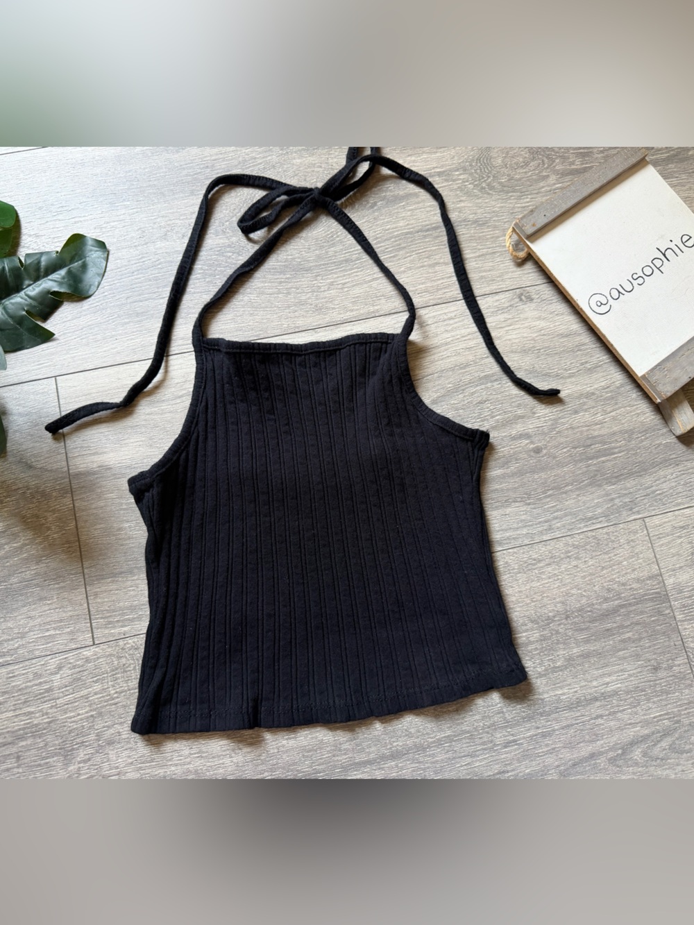 Better Be Black Ribbed Cropped Halter Tank Top. Size S